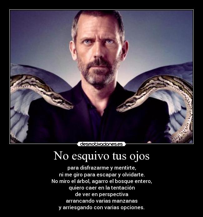 No esquivo tus ojos - para disfrazarme y mentirte,
ni me giro para escapar y olvidarte.
No miro el árbol, agarro el bosque entero,
quiero caer en la tentación
de ver en perspectiva
arrancando varias manzanas
y arriesgando con varias opciones.