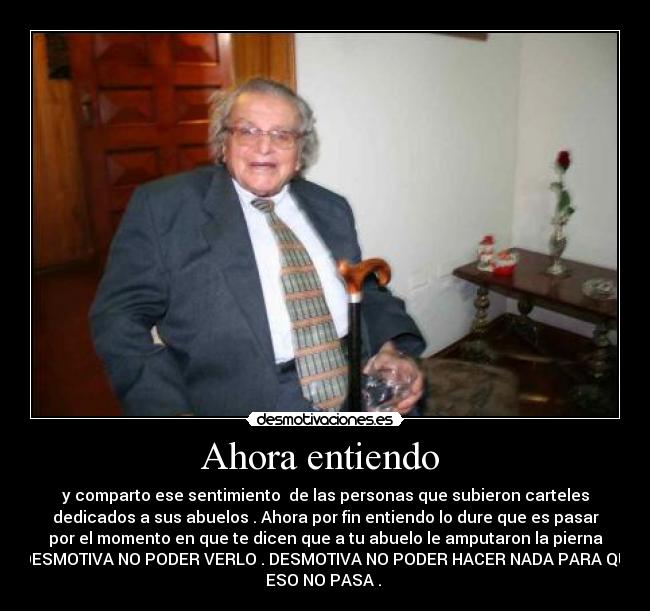 Ahora entiendo  - y comparto ese sentimiento  de las personas que subieron carteles
dedicados a sus abuelos . Ahora por fin entiendo lo dure que es pasar
por el momento en que te dicen que a tu abuelo le amputaron la pierna
. DESMOTIVA NO PODER VERLO . DESMOTIVA NO PODER HACER NADA PARA QUE
ESO NO PASA . 