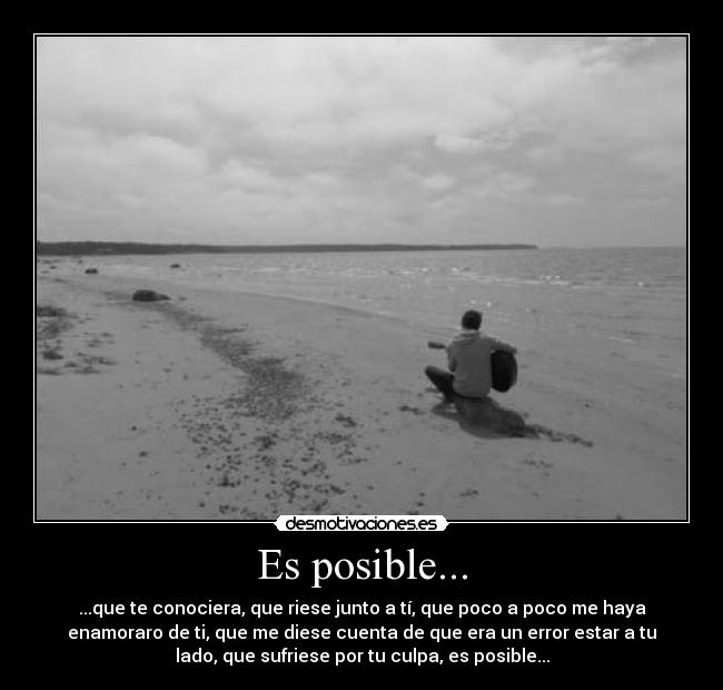 Es posible... - ...que te conociera, que riese junto a tí, que poco a poco me haya
enamoraro de ti, que me diese cuenta de que era un error estar a tu
lado, que sufriese por tu culpa, es posible...