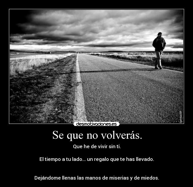 Se que no volverás. - Que he de vivir sin ti.
El tiempo a tu lado... un regalo que te has llevado.
Dejándome llenas las manos de miserias y de miedos.