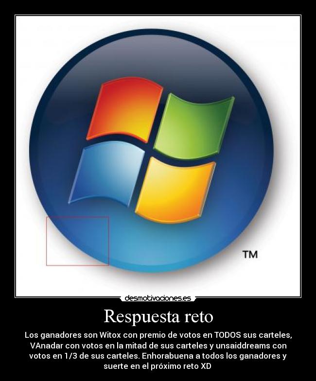 Respuesta reto - Los ganadores son Witox con premio de votos en TODOS sus carteles,
VAnadar con votos en la mitad de sus carteles y unsaiddreams con
votos en 1/3 de sus carteles. Enhorabuena a todos los ganadores y
suerte en el próximo reto XD 