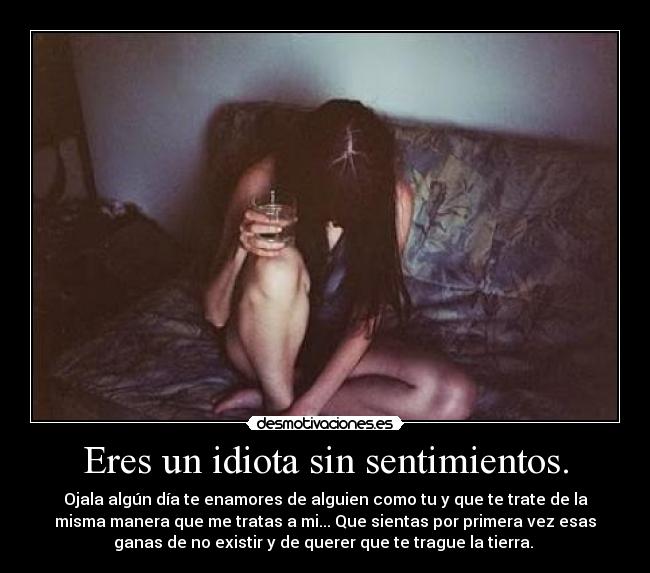 Eres un idiota sin sentimientos. - Ojala algún día te enamores de alguien como tu y que te trate de la
misma manera que me tratas a mi... Que sientas por primera vez esas
ganas de no existir y de querer que te trague la tierra. 