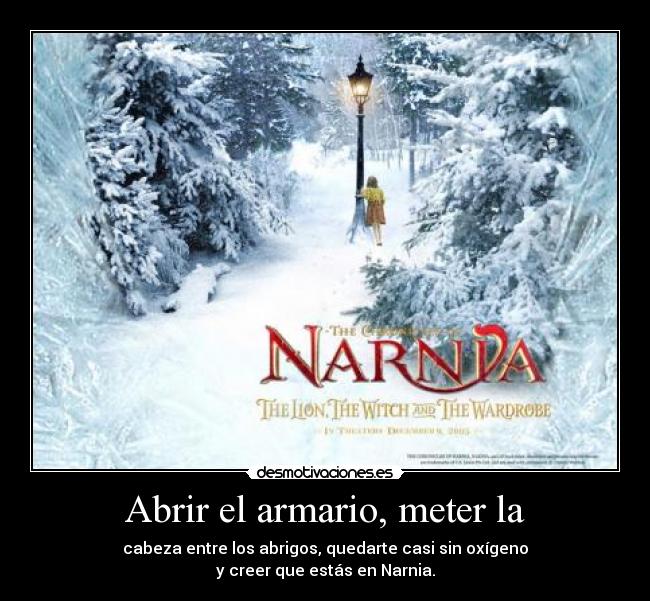 Abrir el armario, meter la - cabeza entre los abrigos, quedarte casi sin oxígeno
y creer que estás en Narnia.