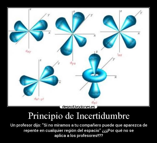 Principio de Incertidumbre - Un profesor dijo: Si no miramos a tu compañero puede que aparezca de
repente en cualquier región del espacio ¿¿¡¡Por qué no se
aplica a los profesores!!??