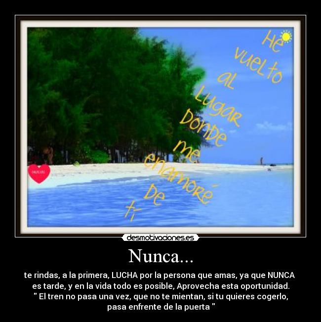 Nunca... - te rindas, a la primera, LUCHA por la persona que amas, ya que NUNCA 
es tarde, y en la vida todo es posible, Aprovecha esta oportunidad.
 El tren no pasa una vez, que no te mientan, si tu quieres cogerlo,
pasa enfrente de la puerta 