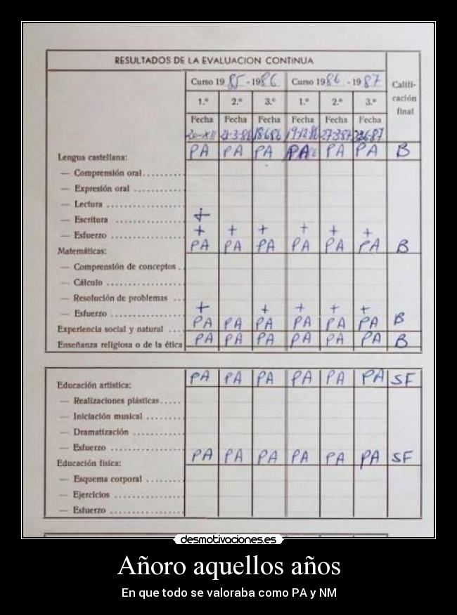 Añoro aquellos años - En que todo se valoraba como PA y NM