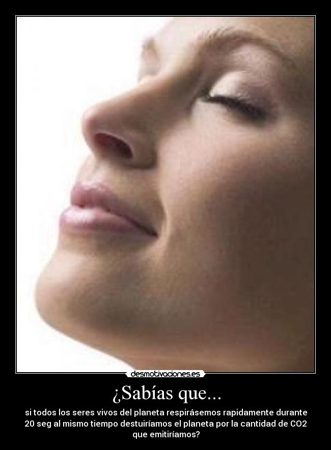 ¿Sabías que... - si todos los seres vivos del planeta respirásemos rapidamente durante
20 seg al mismo tiempo destuiríamos el planeta por la cantidad de CO2
que emitiríamos?