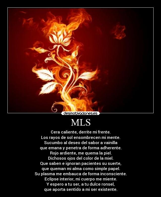 MLS - Cera caliente, derrite mi frente.
Los rayos de sol ensombrecen mi mente.
Sucumbo al deseo del sabor a vainilla
que emana y penetra de forma adherente.
Rojo ardiente, me quema la piel.
Dichosos ojos del color de la miel.
Que saben e ignoran pacientes su suerte,
que queman mi alma como simple papel.
Su plasma me embauca de forma inconsciente.
Eclipse interior, mi cuerpo me miente.
Y espero a tu ser, a tu dulce ronsel,
que aporta sentido a mi ser existente.