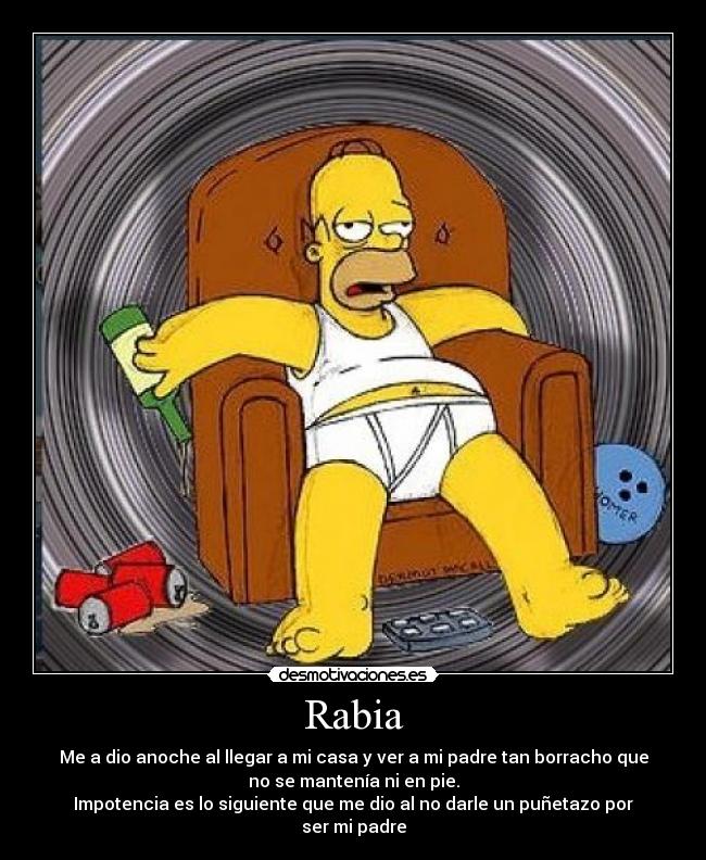 Rabia - Me a dio anoche al llegar a mi casa y ver a mi padre tan borracho que
no se mantenía ni en pie.
Impotencia es lo siguiente que me dio al no darle un puñetazo por
ser mi padre
