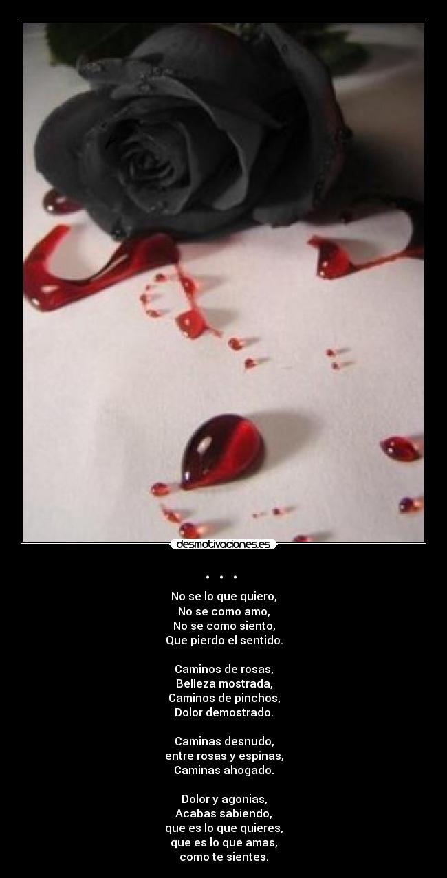 . . . - No se lo que quiero,
No se como amo,
No se como siento,
Que pierdo el sentido.
Caminos de rosas,
Belleza mostrada,
Caminos de pinchos,
Dolor demostrado.
Caminas desnudo,
entre rosas y espinas,
Caminas ahogado.
Dolor y agonias,
Acabas sabiendo,
que es lo que quieres,
que es lo que amas,
como te sientes.