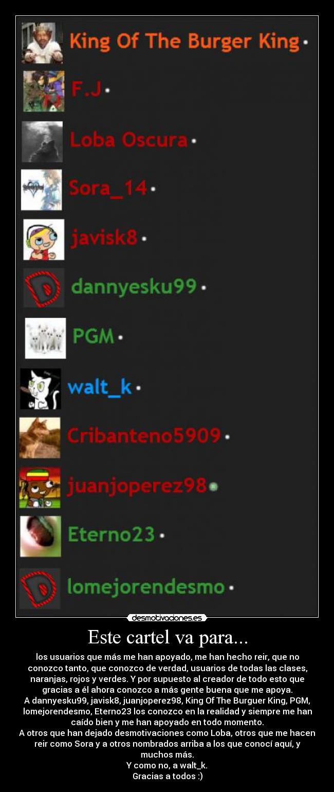 Este cartel va para... - los usuarios que más me han apoyado, me han hecho reir, que no
conozco tanto, que conozco de verdad, usuarios de todas las clases,
naranjas, rojos y verdes. Y por supuesto al creador de todo esto que
gracias a él ahora conozco a más gente buena que me apoya.
A dannyesku99, javisk8, juanjoperez98, King Of The Burguer King, PGM,
lomejorendesmo, Eterno23 los conozco en la realidad y siempre me han
caído bien y me han apoyado en todo momento.
A otros que han dejado desmotivaciones como Loba, otros que me hacen
reir como Sora y a otros nombrados arriba a los que conocí aquí, y
muchos más.
Y como no, a walt_k.
Gracias a todos :)
