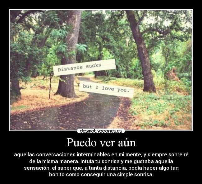 Puedo ver aún - aquellas conversaciones interminables en mi mente, y siempre sonreiré
de la misma manera. Intuía tu sonrisa y me gustaba aquella
sensación, el saber que, a tanta distancia, podía hacer algo tan
bonito como conseguir una simple sonrisa.