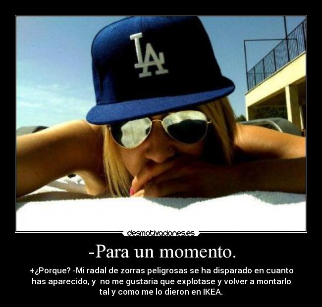 -Para un momento. - +¿Porque? -Mi radal de zorras peligrosas se ha disparado en cuanto
has aparecido, y  no me gustaria que explotase y volver a montarlo
tal y como me lo dieron en IKEA.