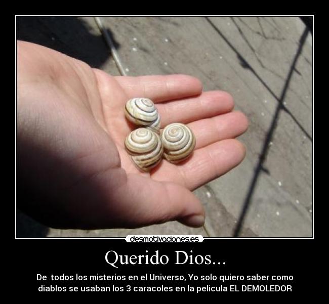 Querido Dios... - De todos los misterios en el Universo, Yo solo quiero saber como
diablos se usaban los 3 caracoles en la pelicula EL DEMOLEDOR