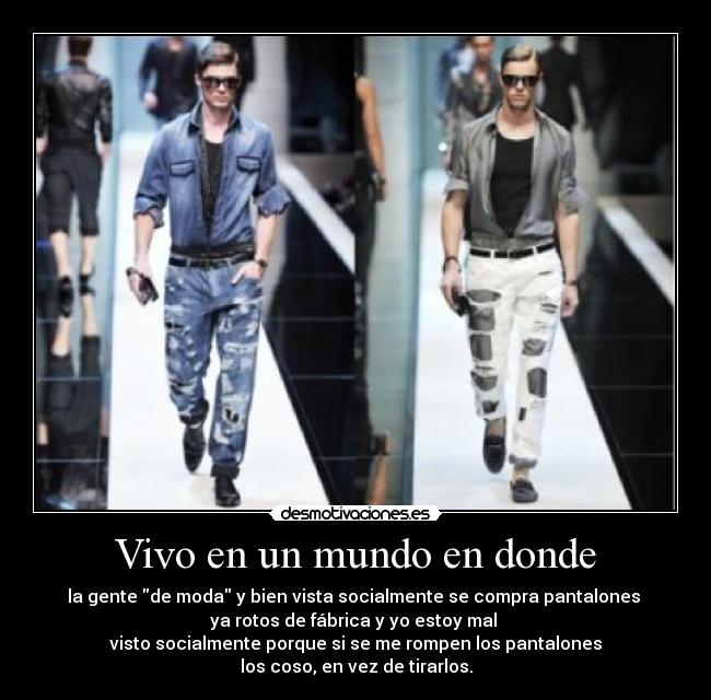 Vivo en un mundo en donde - la gente de moda y bien vista socialmente se compra pantalones
ya rotos de fábrica y yo estoy mal
visto socialmente porque si se me rompen los pantalones
los coso, en vez de tirarlos.