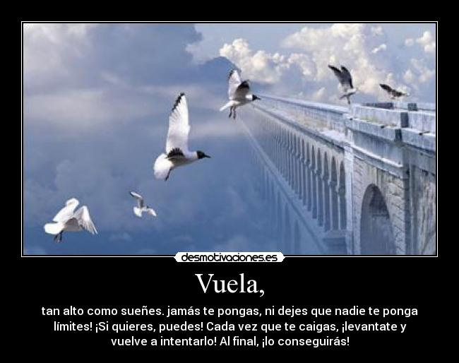 Vuela, - tan alto como sueñes. jamás te pongas, ni dejes que nadie te ponga
límites! ¡Si quieres, puedes! Cada vez que te caigas, ¡levantate y
vuelve a intentarlo! Al final, ¡lo conseguirás!