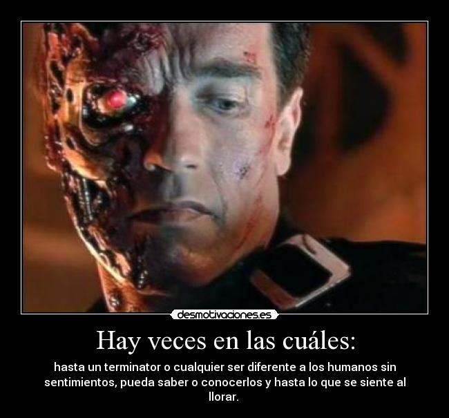 Hay veces en las cuáles: - hasta un terminator o cualquier ser diferente a los humanos sin
sentimientos, pueda saber o conocerlos y hasta lo que se siente al
llorar. 