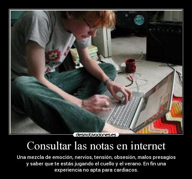 Consultar las notas en internet - Una mezcla de emoción, nervios, tensión, obsesión, malos presagios
y saber que te estás jugando el cuello y el verano. En fin una
experiencia no apta para cardiacos.