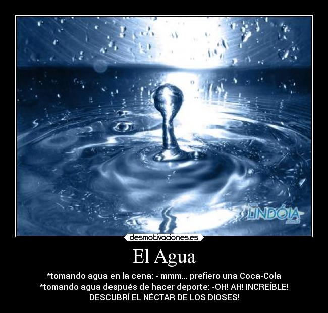 El Agua - *tomando agua en la cena: - mmm... prefiero una Coca-Cola
*tomando agua después de hacer deporte: -OH! AH! INCREÍBLE!
DESCUBRÍ EL NÉCTAR DE LOS DIOSES!
