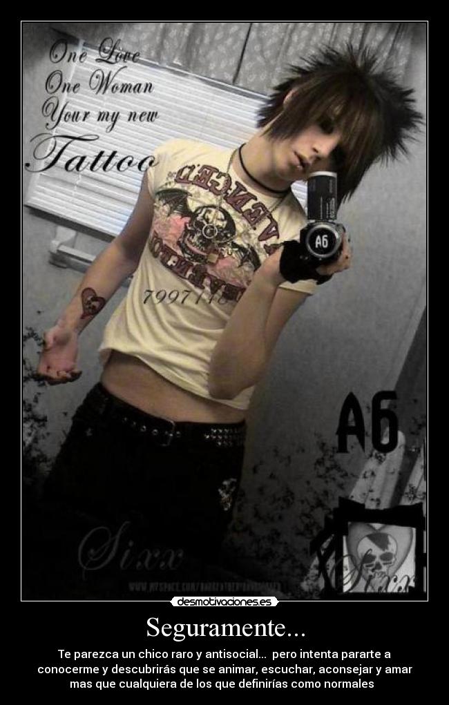 Seguramente... - Te parezca un chico raro y antisocial...  pero intenta pararte a
conocerme y descubrirás que se animar, escuchar, aconsejar y amar
mas que cualquiera de los que definirías como normales  
