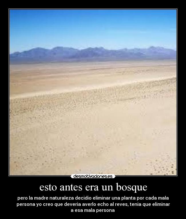 esto antes era un bosque - pero la madre naturaleza decidio eliminar una planta por cada mala
persona yo creo que deveria averlo echo al reves, tenia que eliminar
a esa mala persona