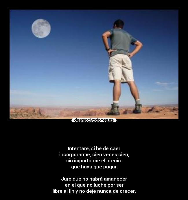   - 
Intentaré, si he de caer
incorporarme, cien veces cien,
sin importarme el precio 
que haya que pagar.

Juro que no habrá amanecer
en el que no luche por ser
libre al fin y no deje nunca de crecer.