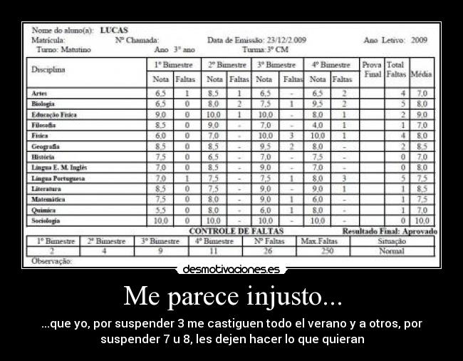 Me parece injusto... - ...que yo, por suspender 3 me castiguen todo el verano y a otros, por
suspender 7 u 8, les dejen hacer lo que quieran