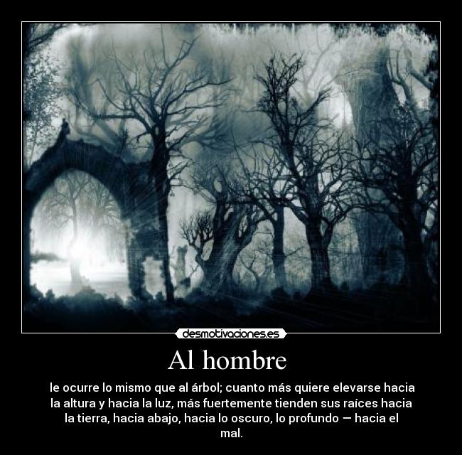 Al hombre  -  le ocurre lo mismo que al árbol; cuanto más quiere elevarse hacia
la altura y hacia la luz, más fuertemente tienden sus raíces hacia
la tierra, hacia abajo, hacia lo oscuro, lo profundo — hacia el
mal.