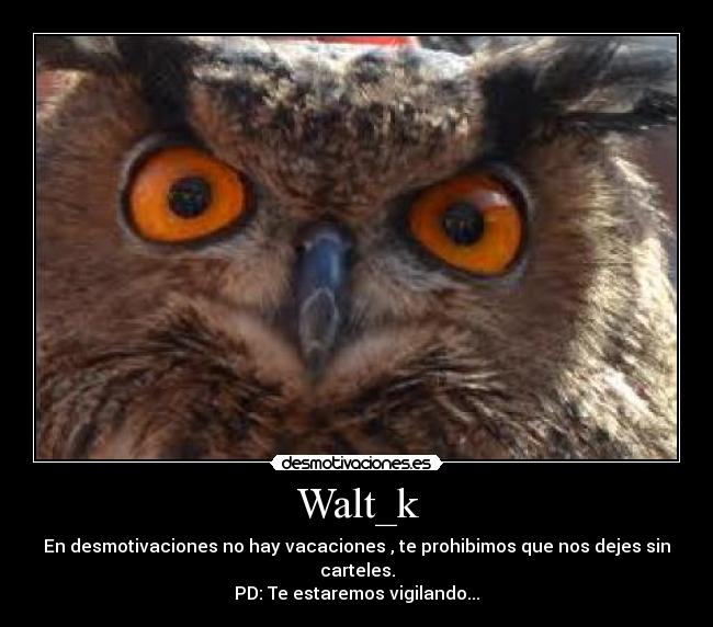 Walt_k - En desmotivaciones no hay vacaciones , te prohibimos que nos dejes sin carteles.
PD: Te estaremos vigilando...