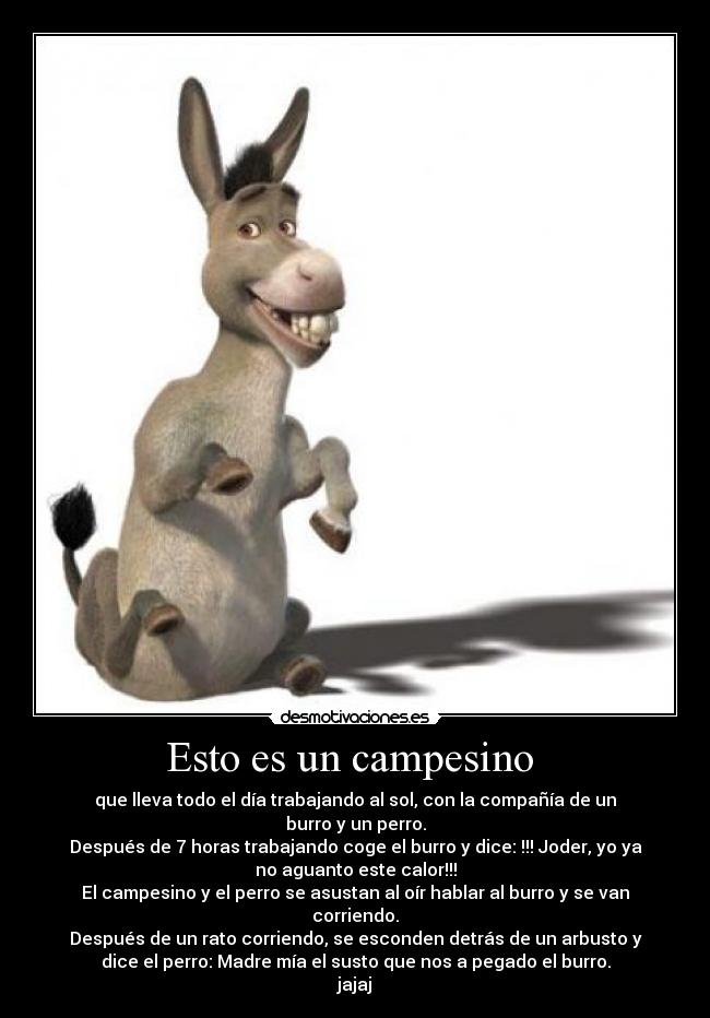 Esto es un campesino - que lleva todo el día trabajando al sol, con la compañía de un
burro y un perro.
Después de 7 horas trabajando coge el burro y dice: !!! Joder, yo ya
no aguanto este calor!!!
El campesino y el perro se asustan al oír hablar al burro y se van
corriendo.
Después de un rato corriendo, se esconden detrás de un arbusto y
dice el perro: Madre mía el susto que nos a pegado el burro.
jajaj