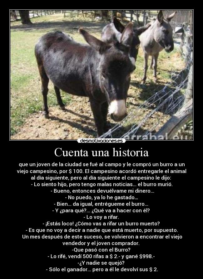Cuenta una historia - que un joven de la ciudad se fué al campo y le compró un burro a un
viejo campesino, por $ 100. El campesino acordó entregarle el animal
al día siguiente, pero al día siguiente el campesino le dijo:
- Lo siento hijo, pero tengo malas noticias... el burro murió.
- Bueno, entonces devuélvame mi dinero...
- No puedo, ya lo he gastado…
- Bien... da igual, entrégueme el burro...
- Y ¿para qué?... ¿Qué va a hacer con él?
- Lo voy a rifar.
- ¡Estás loco! ¿Cómo vas a rifar un burro muerto?
- Es que no voy a decir a nadie que está muerto, por supuesto.
Un mes después de este suceso, se volvieron a encontrar el viejo
vendedor y el joven comprador.
-Que pasó con el Burro?
- Lo rifé, vendí 500 rifas a $ 2.- y gané $998.-
-¿Y nadie se quejó?
- Sólo el ganador... pero a él le devolví sus $ 2.