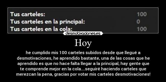 Hoy - he cumplido mis 100 carteles subidos desde que llegué a
desmotivaciones, he aprendido bastante, una de las cosas que he
aprendido es que no hace falta llegar a la principal, hay gente que
te comprende mejor en la cola....seguiré haciendo carteles que
merezcan la pena, gracias por votar mis carteles desmotivaciones!