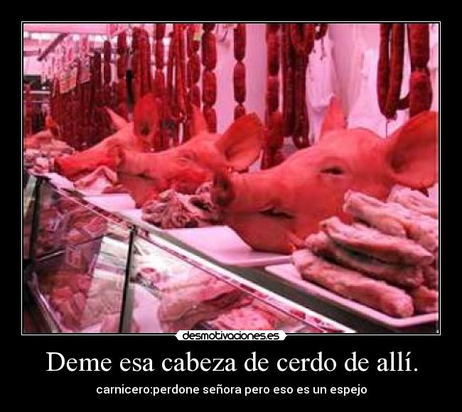 Deme esa cabeza de cerdo de allí. - carnicero:perdone señora pero eso es un espejo