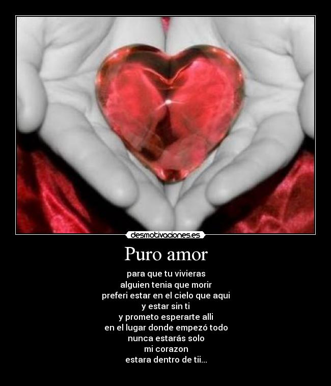 Puro amor - para que tu vivieras
alguien tenia que morir
preferi estar en el cielo que aqui
y estar sin ti
y prometo esperarte alli
en el lugar donde empezó todo
nunca estarás solo
mi corazon
estara dentro de tii...
♥