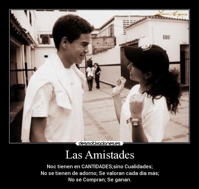 Las Amistades - Noc tienen en CANTIDADES;sino Cualidades;
No se tienen de adorno; Se valoran cada dia mas;
No se Compran; Se ganan.