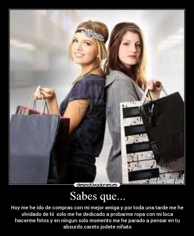 Sabes que... - Hoy me he ido de compras con mi mejor amiga y por toda una tarde me he
olvidado de tii  solo me he dedicado a probarme ropa con mi loca
hacerme fotos y en ningun solo momento me he parado a pensar en tu
absurdo careto jodete niñato