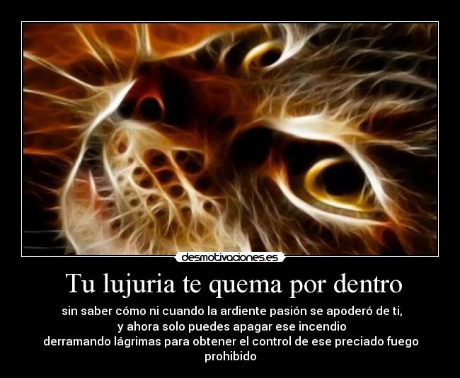  Tu lujuria te quema por dentro -  sin saber cómo ni cuando la ardiente pasión se apoderó de ti,
 y ahora solo puedes apagar ese incendio
derramando lágrimas para obtener el control de ese preciado fuego prohibido