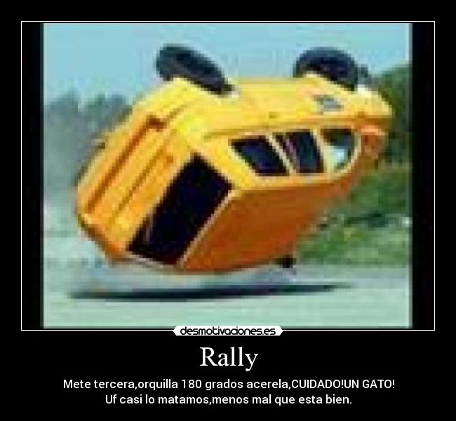 Rally - Mete tercera,orquilla 180 grados acerela,CUIDADO!UN GATO!
Uf casi lo matamos,menos mal que esta bien.