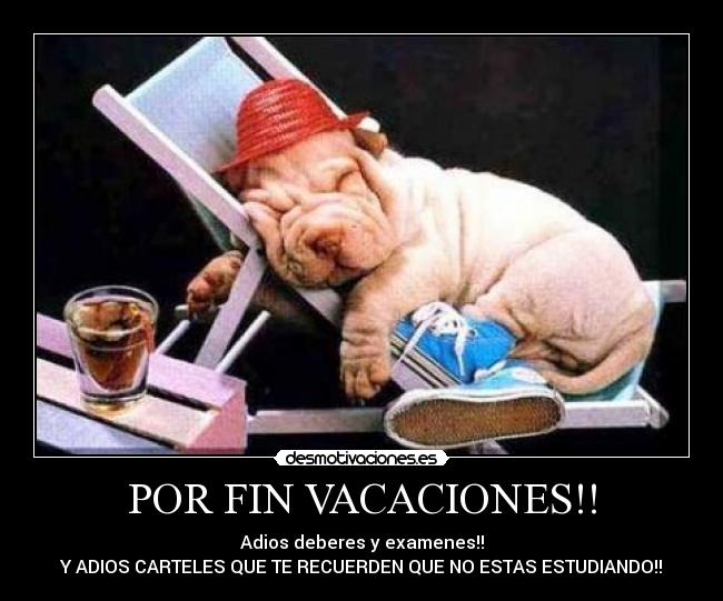 POR FIN VACACIONES!! - Adios deberes y examenes!!
Y ADIOS CARTELES QUE TE RECUERDEN QUE NO ESTAS ESTUDIANDO!!