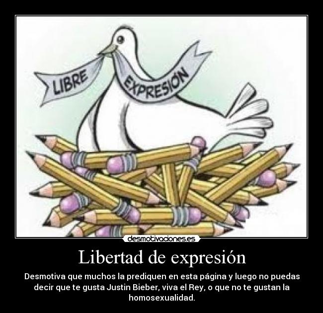 Libertad de expresión - Desmotiva que muchos la prediquen en esta página y luego no puedas
decir que te gusta Justin Bieber, viva el Rey, o que no te gustan la
homosexualidad.