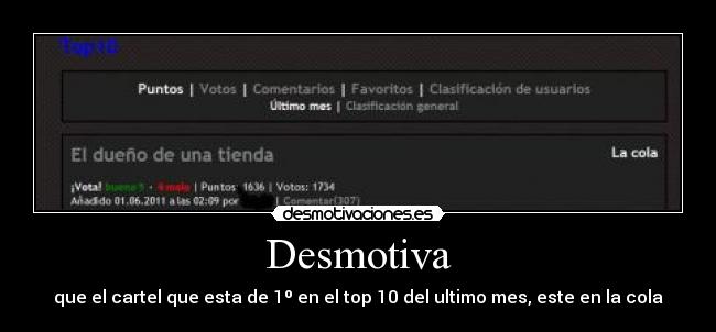 Desmotiva - que el cartel que esta de 1º en el top 10 del ultimo mes, este en la cola