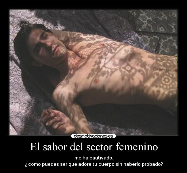 El sabor del sector femenino - me ha cautivado.
¿ como puedes ser que adore tu cuerpo sin haberlo probado?