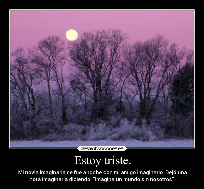 Estoy triste. - Mi novia imaginaria se fue anoche con mi amigo imaginario. Dejó una
nota imaginaria diciendo: Imagina un mundo sin nosotros.