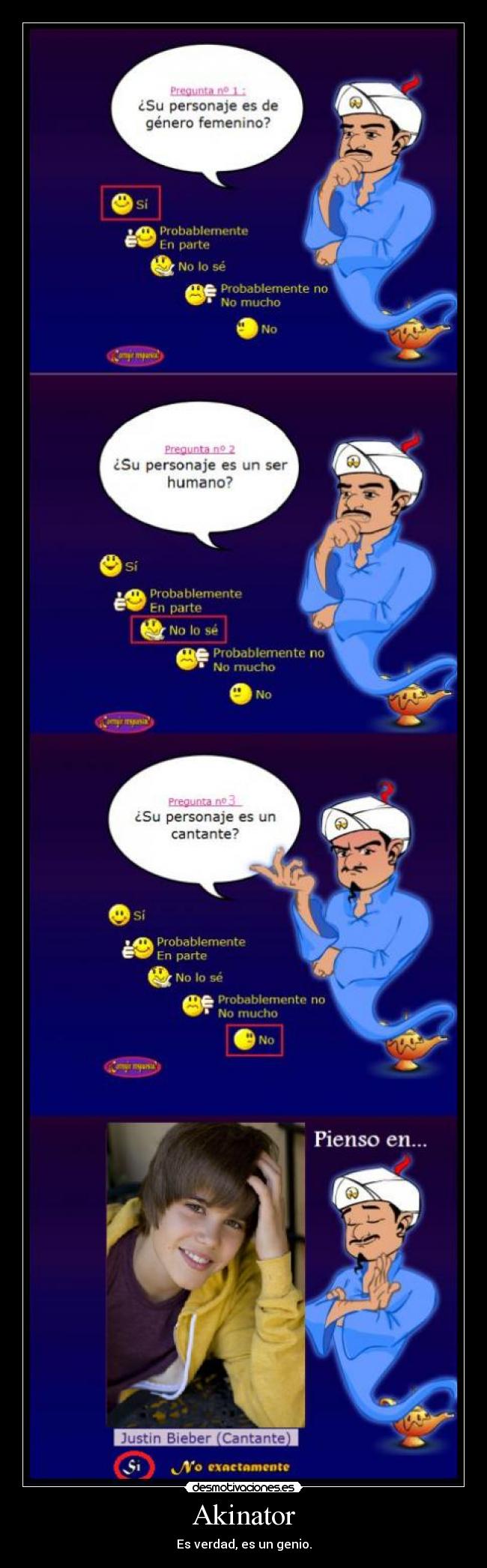 carteles akinator genio justin bieber desmotivaciones