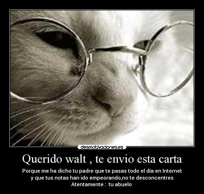 Querido walt , te envio esta carta - Porque me ha dicho tu padre que te pasas todo el día en Internet
y que tus notas han ido empeorando,no te desconcentres
Atentamente : tu abuelo