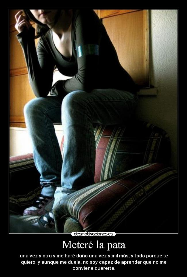 Meteré la pata - una vez y otra y me haré daño una vez y mil más, y todo porque te
quiero, y aunque me duela, no soy capaz de aprender que no me
conviene quererte.