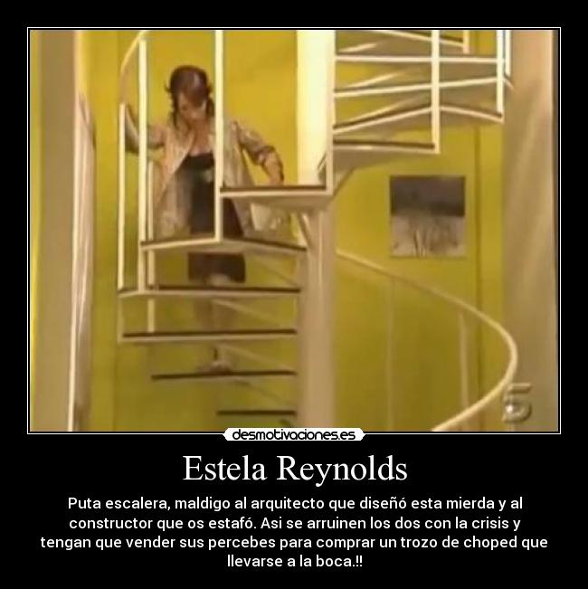 Estela Reynolds - Puta escalera, maldigo al arquitecto que diseñó esta mierda y al
constructor que os estafó. Asi se arruinen los dos con la crisis y
tengan que vender sus percebes para comprar un trozo de choped que
llevarse a la boca.!!