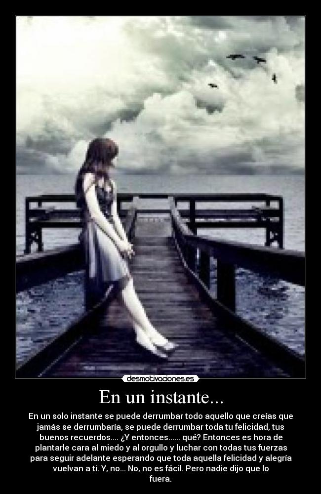 En un instante... - En un solo instante se puede derrumbar todo aquello que creías que
jamás se derrumbaría, se puede derrumbar toda tu felicidad, tus
buenos recuerdos.... ¿Y entonces...... qué? Entonces es hora de
plantarle cara al miedo y al orgullo y luchar con todas tus fuerzas
para seguir adelante esperando que toda aquella felicidad y alegría
vuelvan a ti. Y, no... No, no es fácil. Pero nadie dijo que lo
fuera.