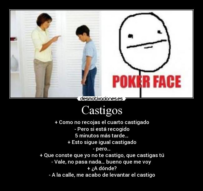 Castigos - + Como no recojas el cuarto castigado
-	Pero si está recogido
5 minutos más tarde…
+ Esto sigue igual castigado
-	pero…
+ Que conste que yo no te castigo, que castigas tú
-	Vale, no pasa nada… bueno que me voy 
+ ¿A dónde?
-	A la calle, me acabo de levantar el castigo
