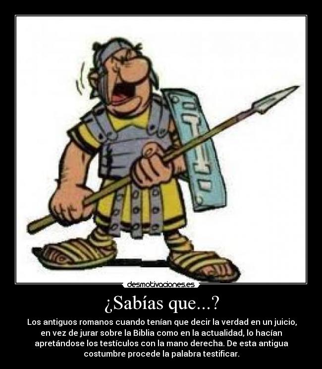 ¿Sabías que...? -  Los antiguos romanos cuando tenían que decir la verdad en un juicio,
en vez de jurar sobre la Biblia como en la actualidad, lo hacían
apretándose los testículos con la mano derecha. De esta antigua
costumbre procede la palabra testificar.